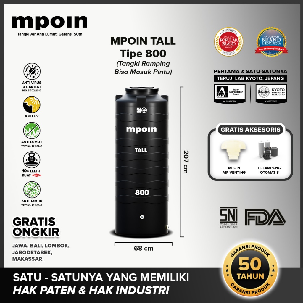 MPOIN Tangki Tandon Air TALL 800 liter Tangki Ramping - Anti Bakteri Anti Lumut - Garansi 50 Tahun