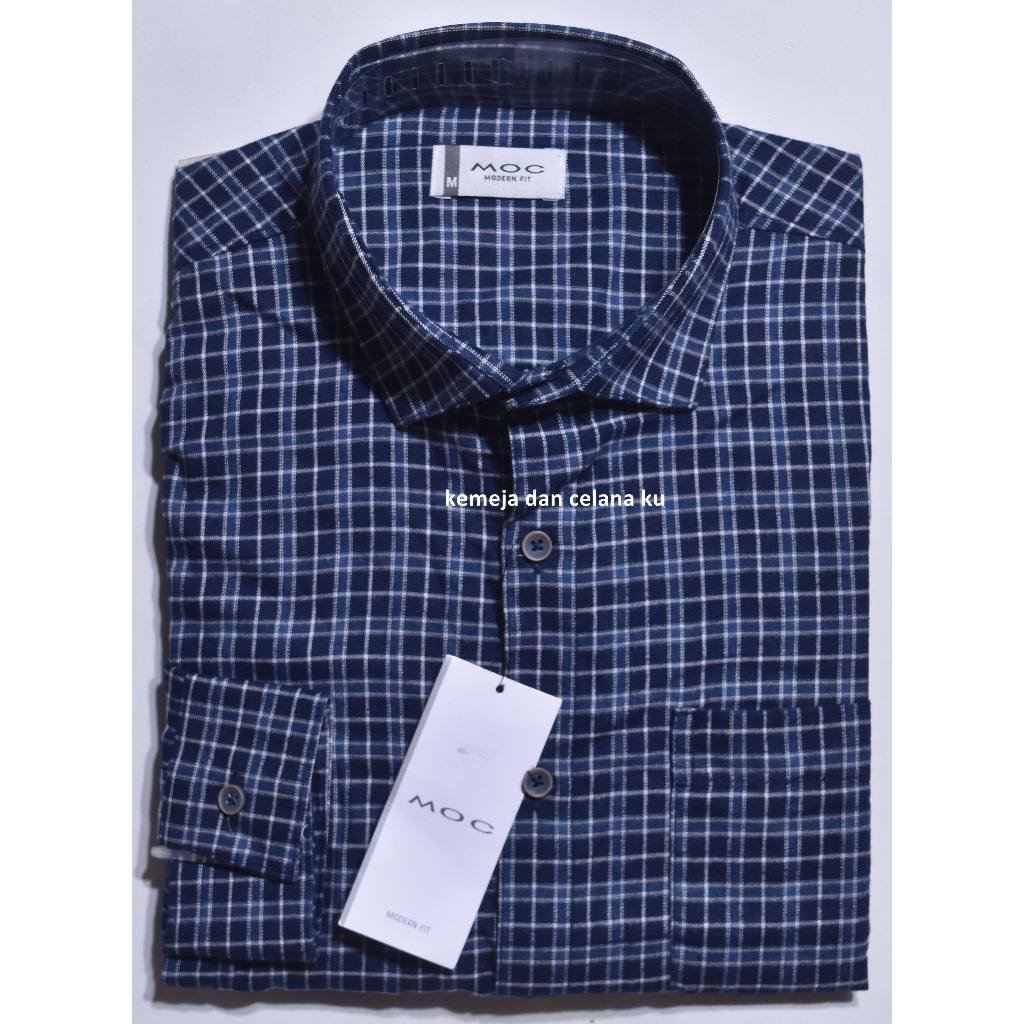 Kemeja Pria MOC Lengan Panjang Biru Navy Kotak Flanel Bamboo Modern Fit LNN 10 #Kemeja Murah