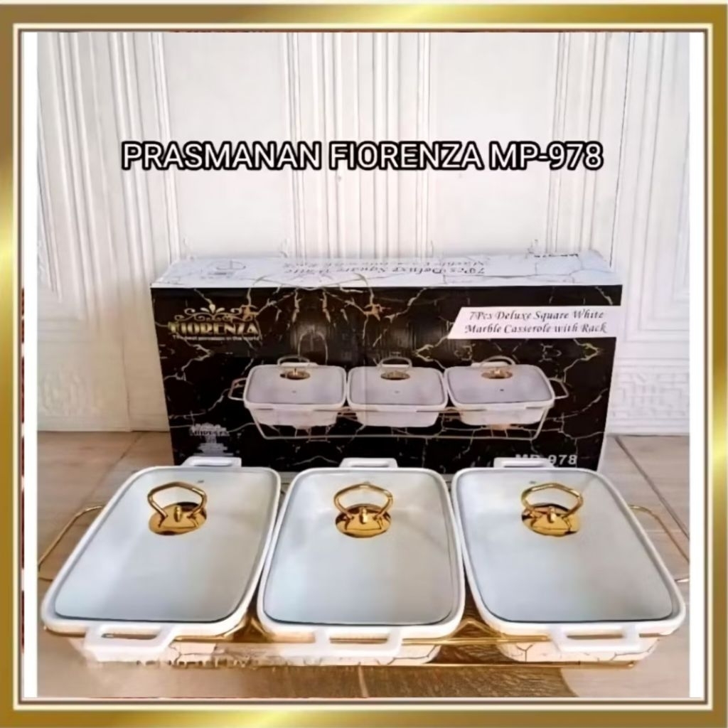 Prasmanan Keramik Kotak 3 in 1 Fiorenza MP-978 | Set Wadah Saji Pemanas Makanan Marmer Mewah | Rak P