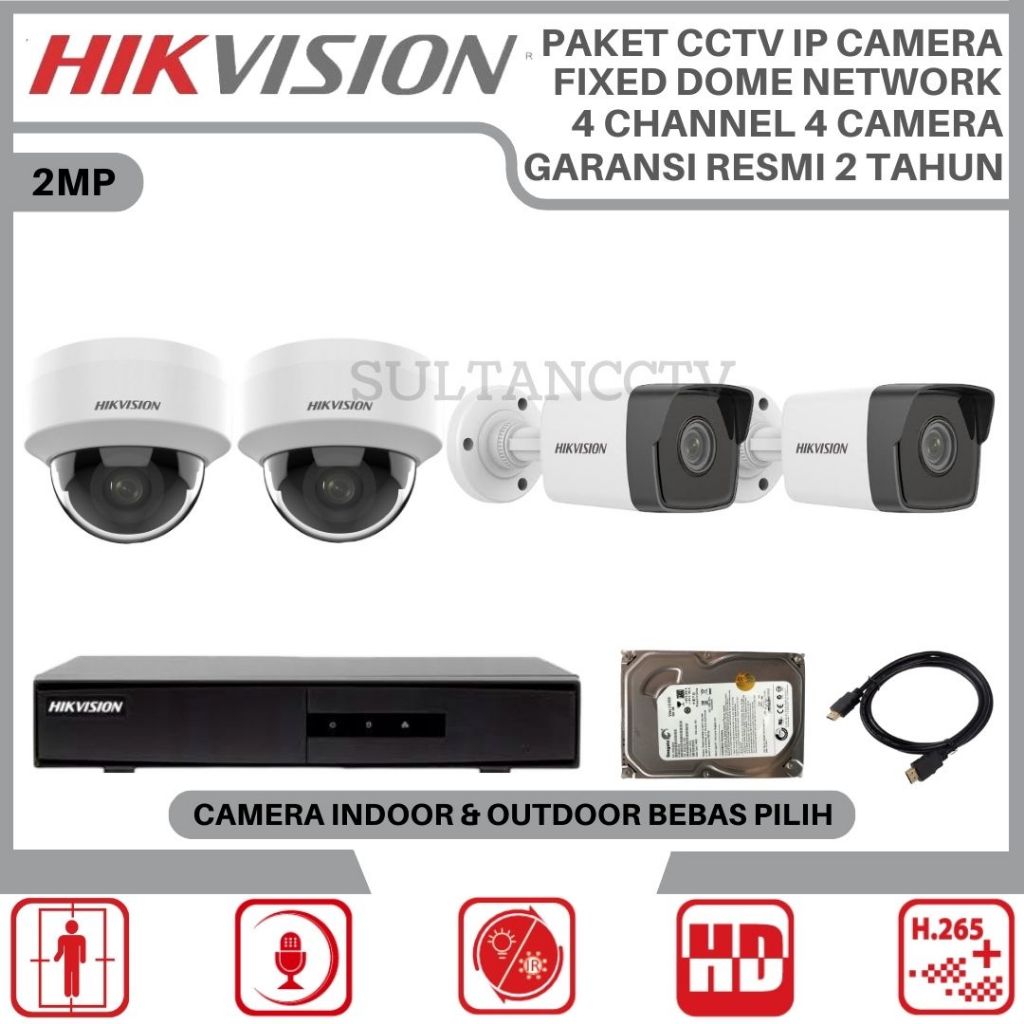 Paket Cctv Ip Camera Hikvision 2mp 4 Channel 4 Kamera Poe Camera Cctv Dome