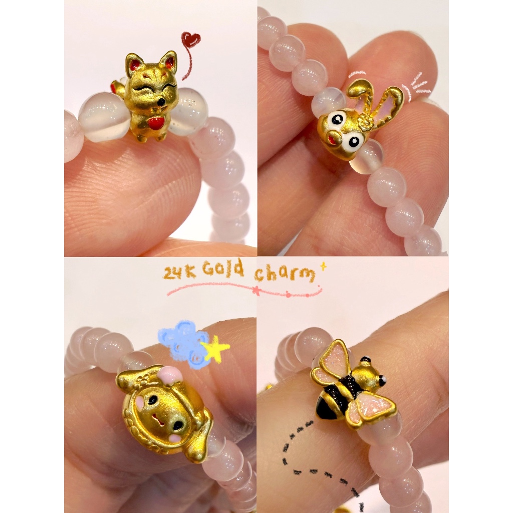 Charm Emas 24K bandul rubah kelinci lebah cinnamoroll