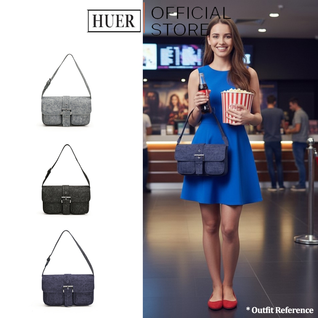 HUER ~ Tas Wanita Eressa Denim Accent Flap Shoulder Bag 9536-610 #28123