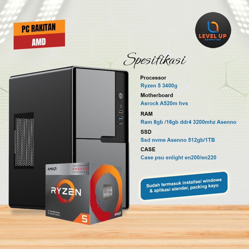 PC Rakitan AMD Ryzen 5 3400G – Siap Pakai untuk Harian, Kerja, Desain, dan Gaming Ringan