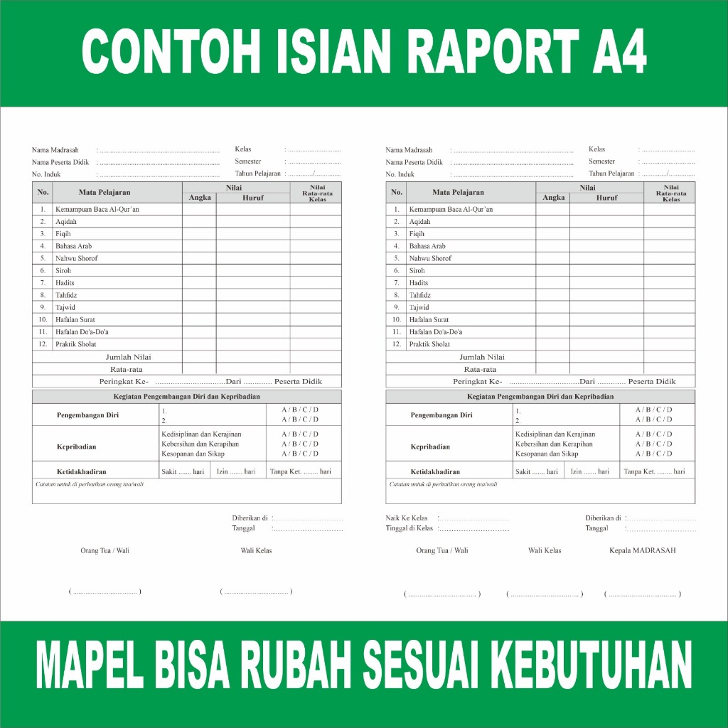 cetak raport a4 untuk Madin TPQ POndok Pesantren custom design