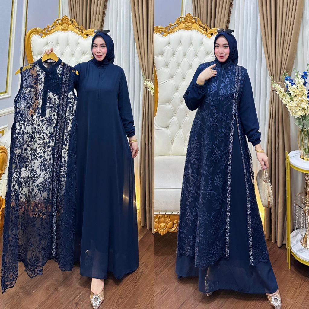Gamis Mewah Outher Tile Bordir Mix Inner Ceruty Babydoll Premium Lembut Dengan Swarovski