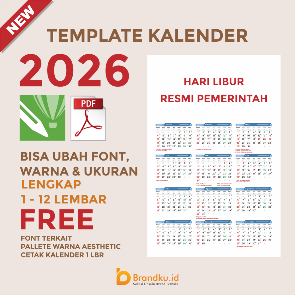 Template Kalender 2026 Coreldraw HARI LIBUR RESMI PEMERINTAH Bisa Ganti Warna, Font, Ukuran Bahan Ka