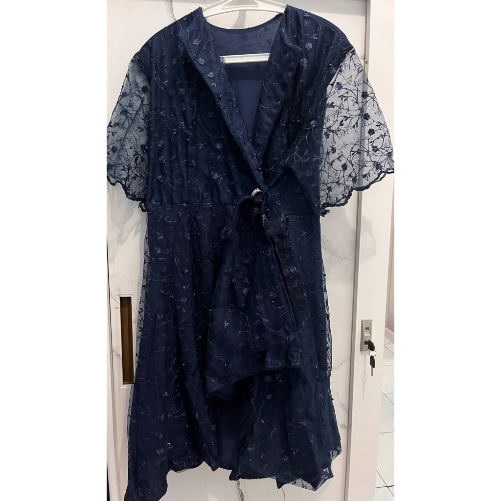 Dress Pesta Kondangan Korea Brukat Renda Biru Navy Wanita