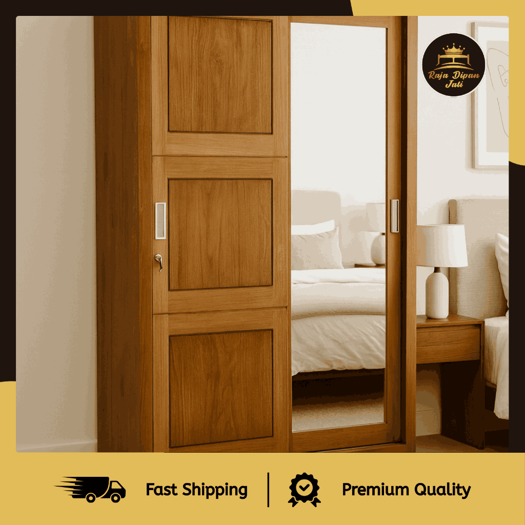 Lemari 2 Pintu Geser Sliding Jati Almari Pakaian Kaca Sleding Minimalis Full Kayu Jati