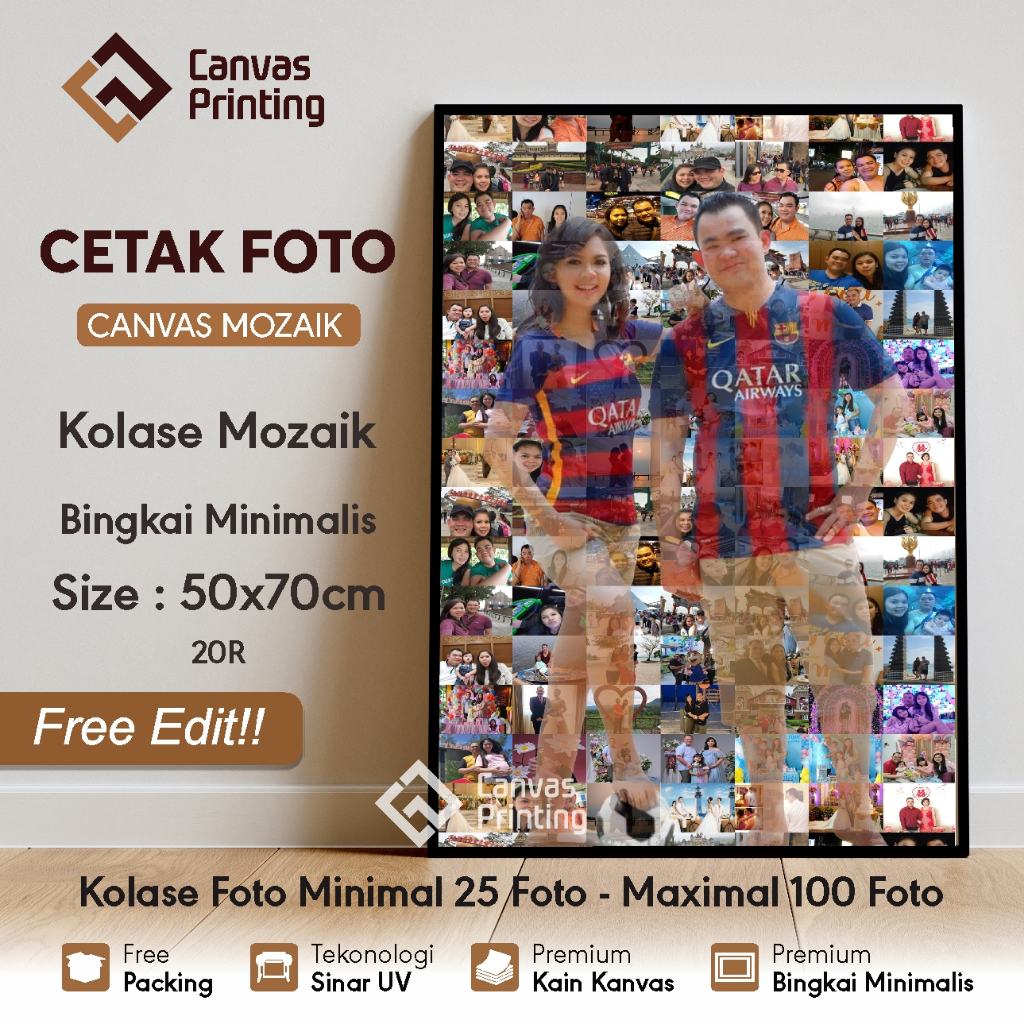 Kolase foto mozaik canvas 20R 50x70 bingkai minimalis Sudah termasuk design | Kado mozaik foto