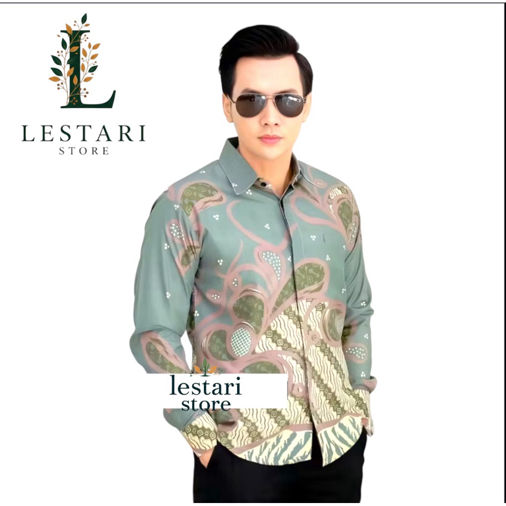 Kemeja Batik Pria Lengan Panjang Warna Hijau Sage Size M L XL XXL XXXL