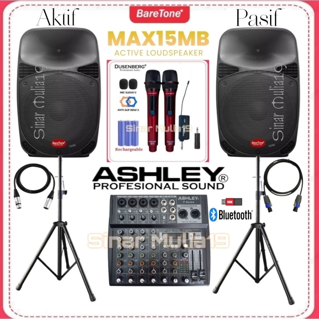 Promo Paket Karaoke Speaker 15 Inch BareTone [ Aktif & Pasif ] Mixer 6 Ch Ashley P. Series Mic Wirel