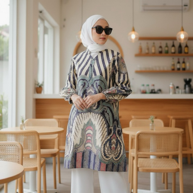 Shanaya Batik Tunik Ayana Abstrak Kancing Depan Kemeja Batik Wanita Kerja Batik Modern