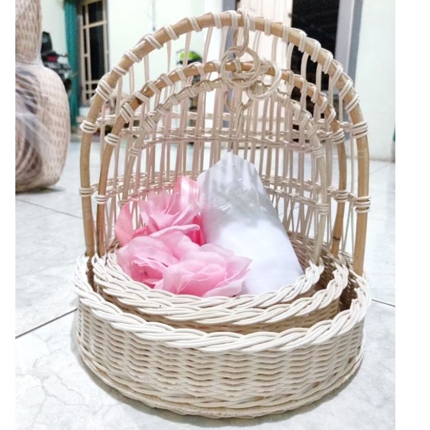 (PAKET LENGKAP) ISI 3 Keranjang Sangkar Bulat Rotan Model Ayunan untuk hantaran seserahan