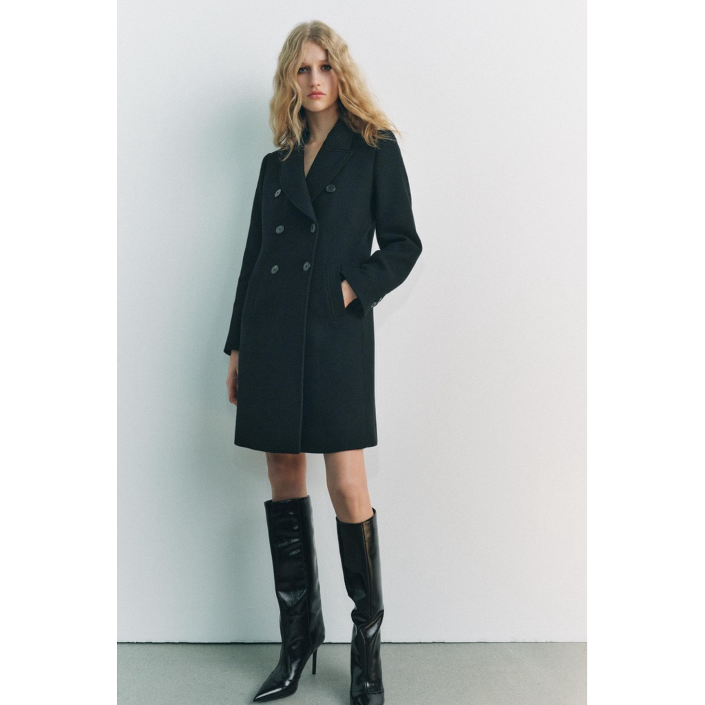 Zara Wool Double Breasted Coat Black