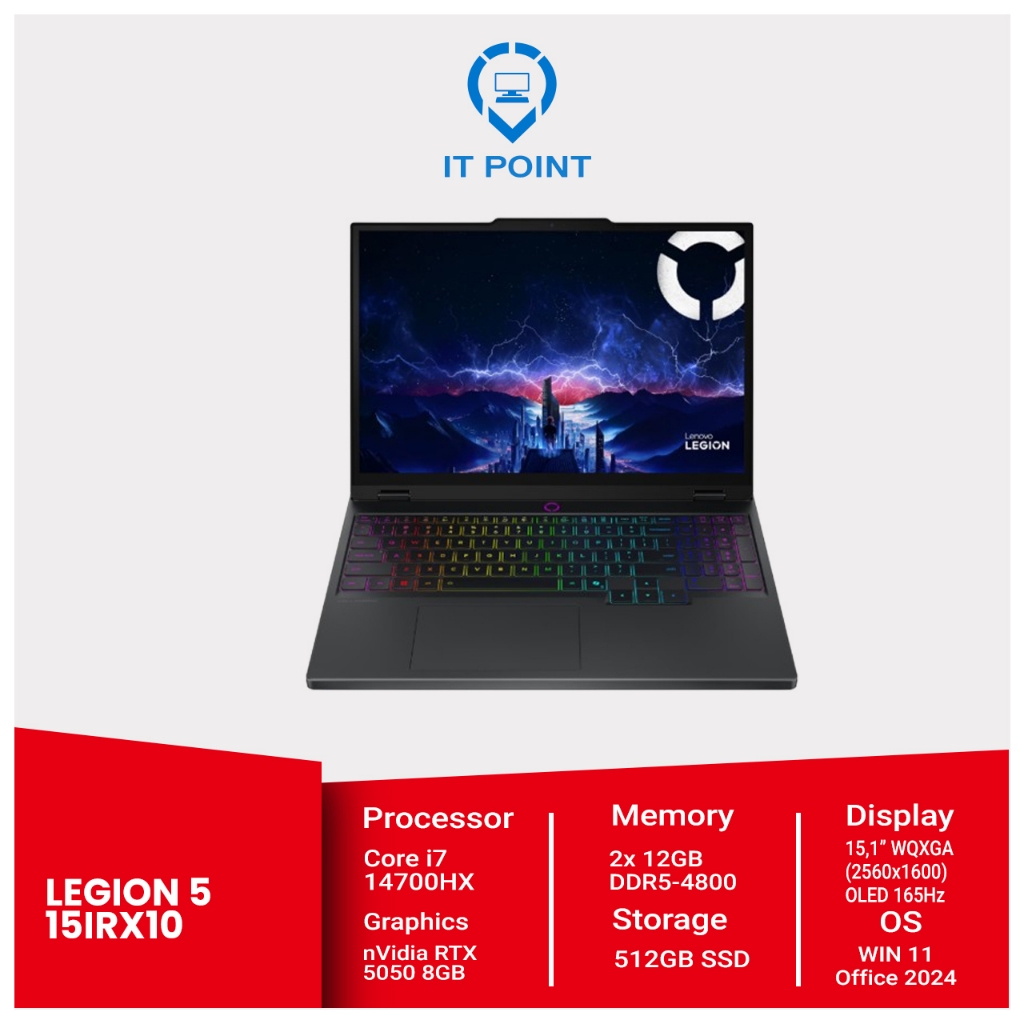 Legion 5 15IRX10 4RID i7-14700HX/24GB/512GB/RTX 5050 8GB/15 WQXGA OLED/RGB Backlit/W11+OH24/3Yr ADP