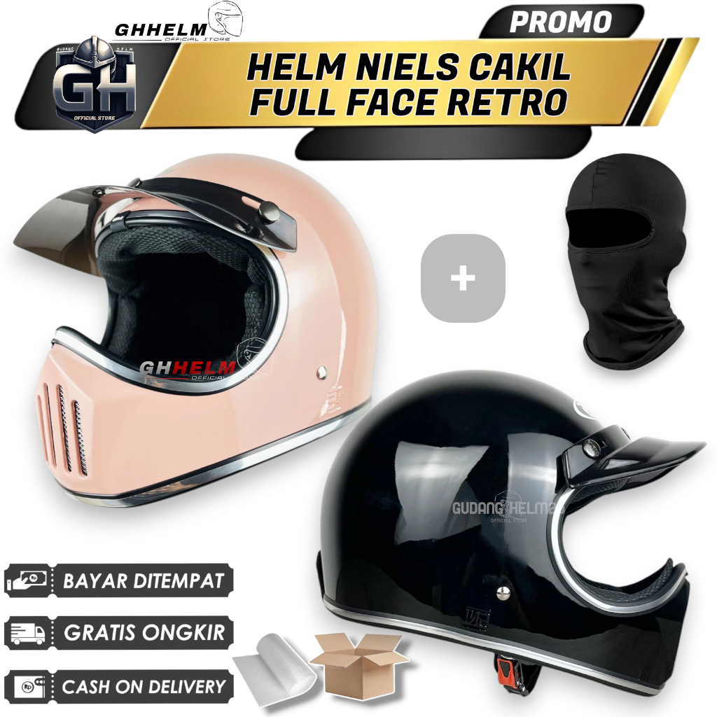 HELM NIELS Cakil Helm Full Face Retro List Chrome Free Pet SNI