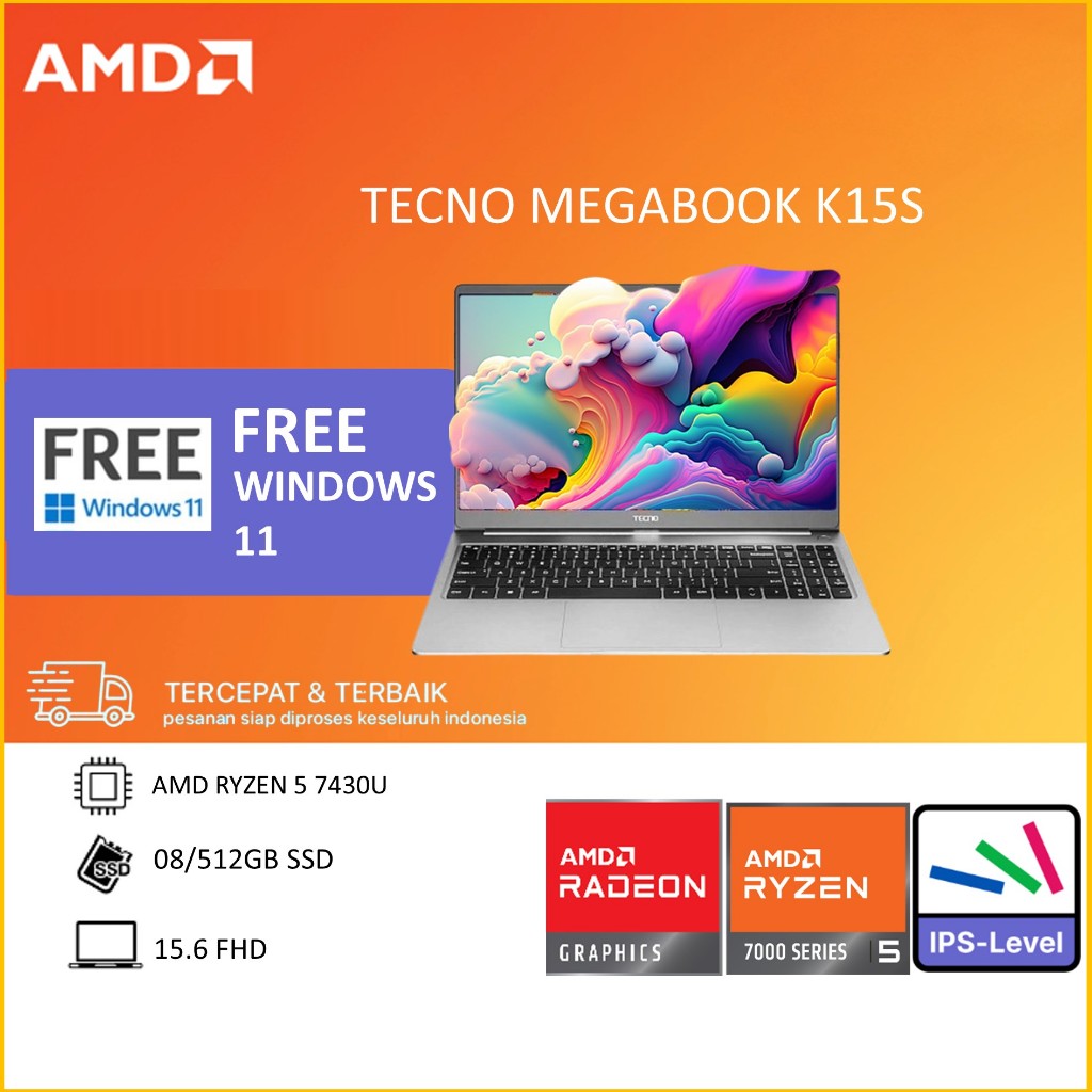TECNO MEGABOOK K15S RYZEN 5 7430U RAM 16GB 512GB 15.6 FHD IPS SILVER