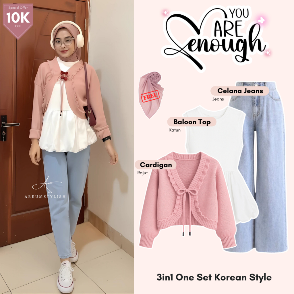 GRL 145 | 3in1 One Set Korean Style | Cardigan Pevita + Baloon Top + Celana Jeans | Outfit Premium