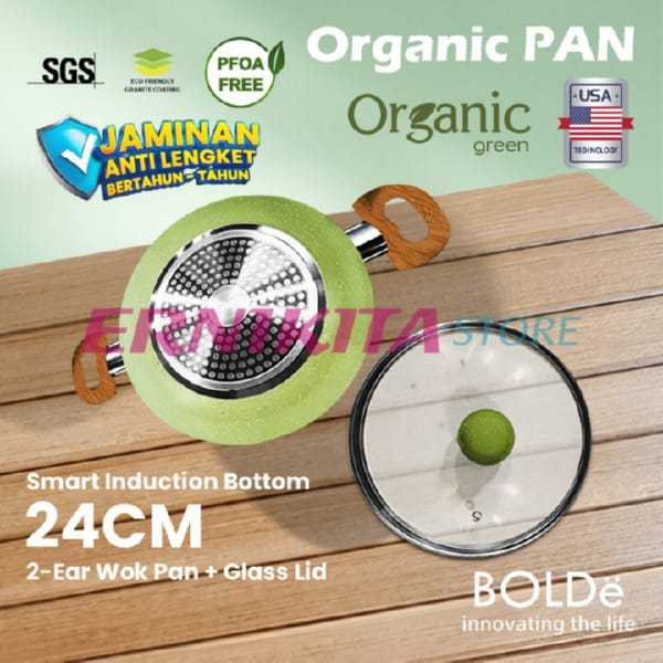BOLDe ORGANIC GREEN 2 EAR WOK PAN 24CM Panci Wajan Granite Ceramic Tutup Kaca Anti Lengket Induksi