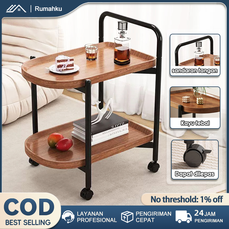 COD  Meja Kopi Seluler Meja Samping Sofa Dengan Roda meja sudut seluler Rak Penyimpanan Dua Lapis Ra