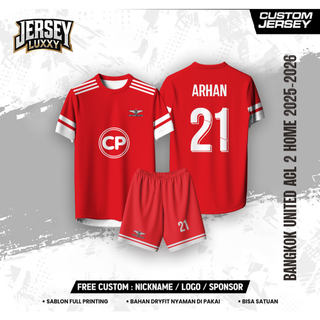 Jersey Bola Bangkok United ARHAN HOME MALUT UNITED LIGA TERBARU MUSIM 2025/2026 MERAH Full Print