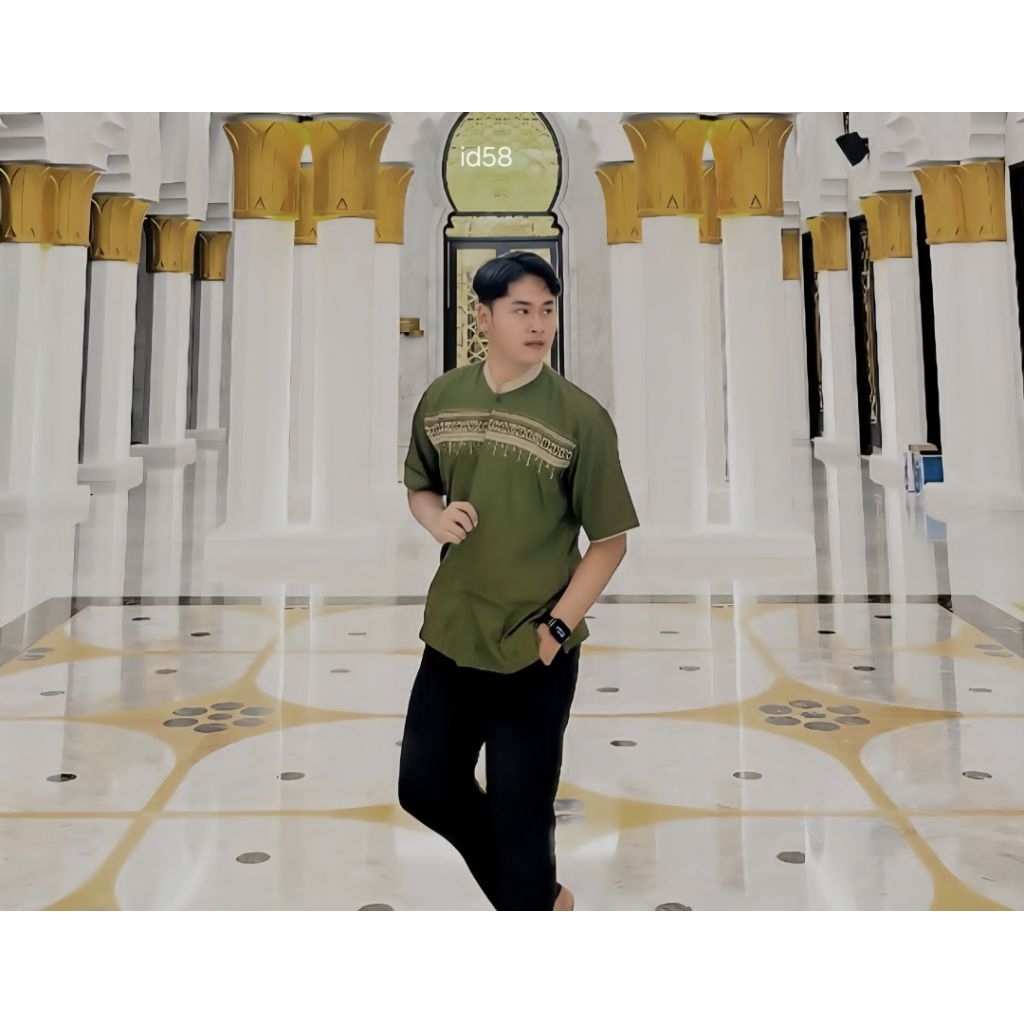 Baju Koko Pria Bordir Lengan Pendek Busana Muslim pria  warna hijau army