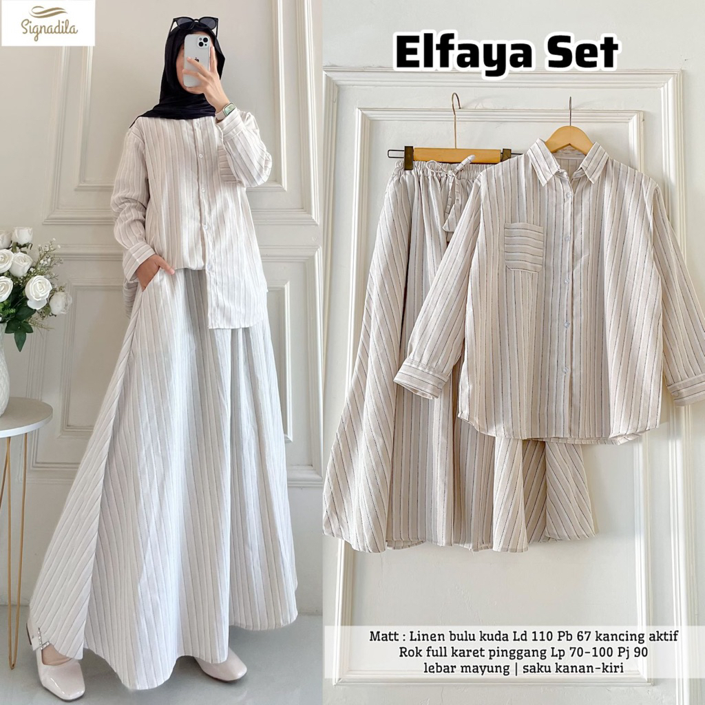 ELFAYA LAFIYA SABIYA SET ORI BY SIGNADILA oneset setrok setelan tunik motif dan rok plisket polos