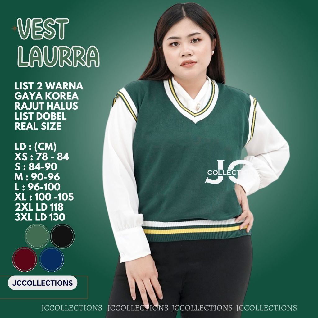 Rompi Jumbo Wanita Rajut Vest Knit Vneck Dobel List Kuning Putih Laura Big Size JCCollections.id