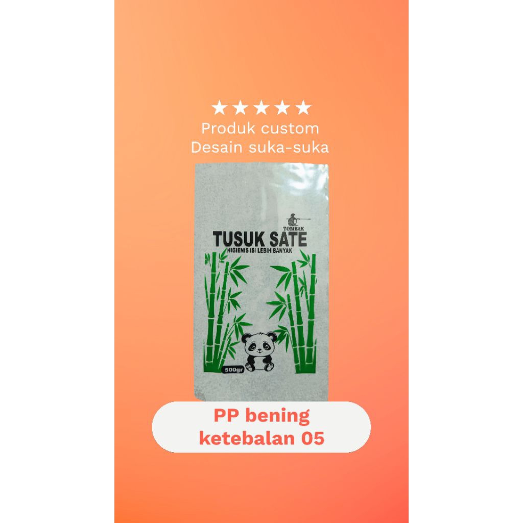 plastik sablon merk sendiri kemasan tusuk sate,tahu,tempe, kripik,dll ( PP bening)