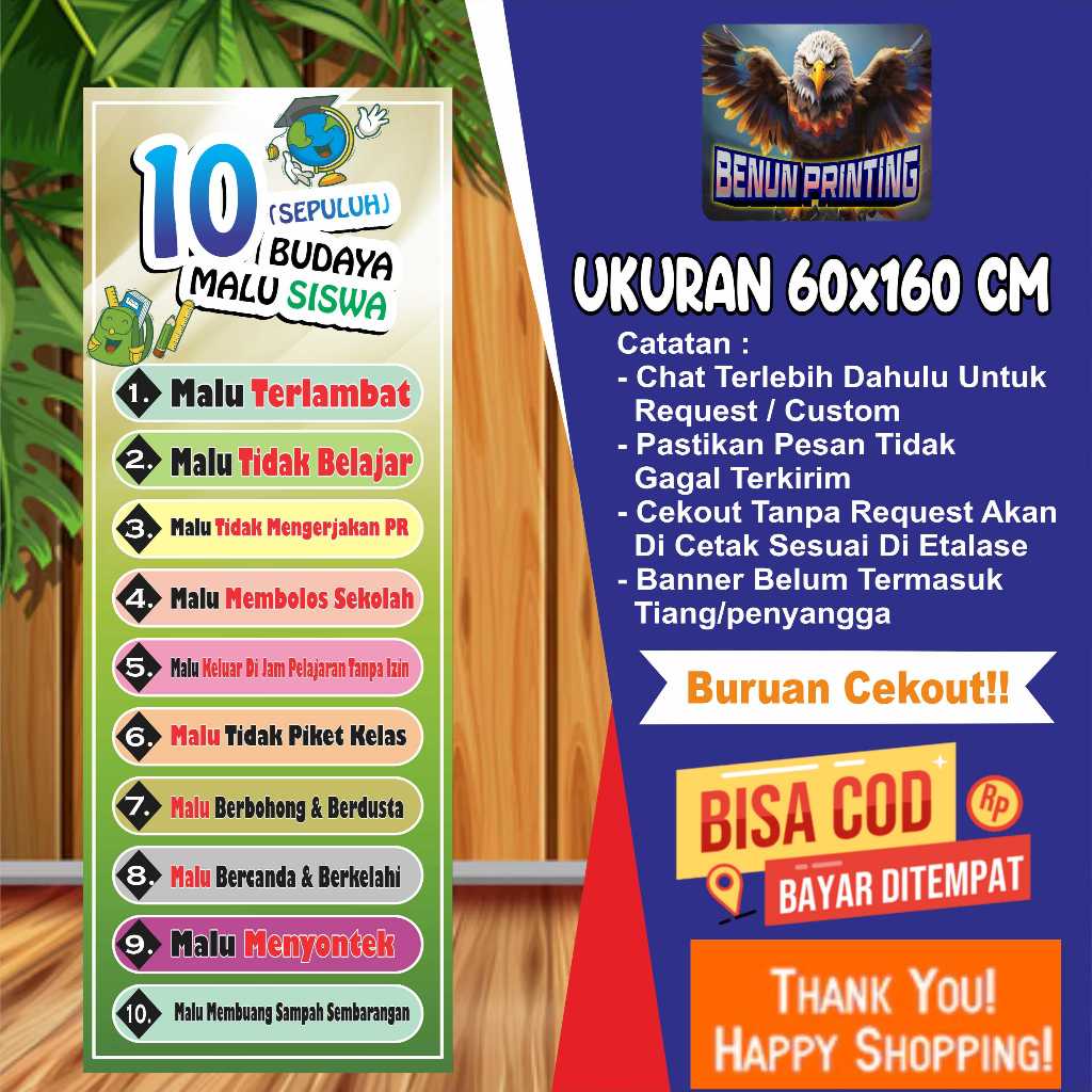 CETAK SPANDUK BANNER 10 BUDAYA MALU FREE DESAINT