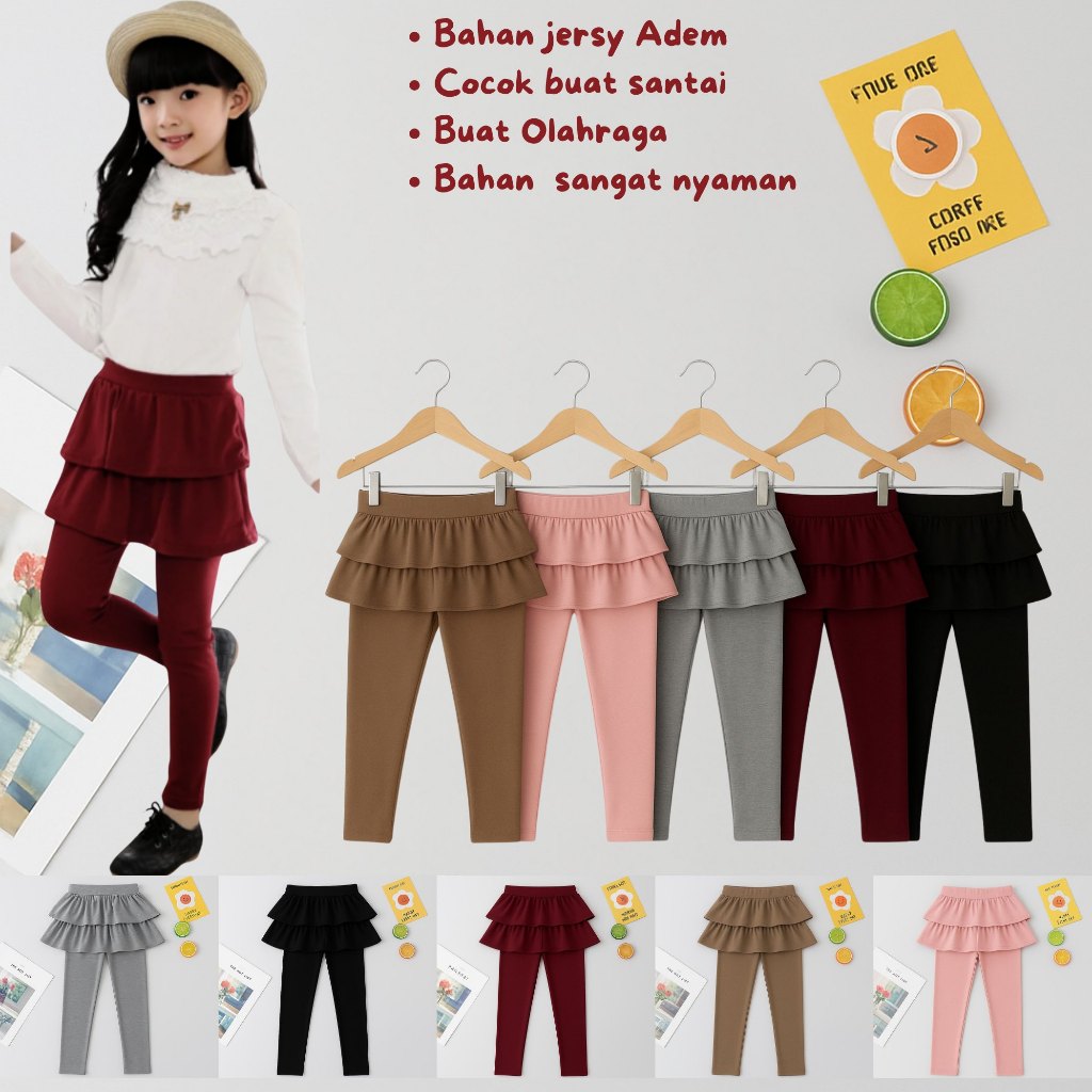 Legging Anak Perempuan Rok Ruffle Layer | Celana Panjang Rok Tumpuk Modis Usia 3-10 Tahun