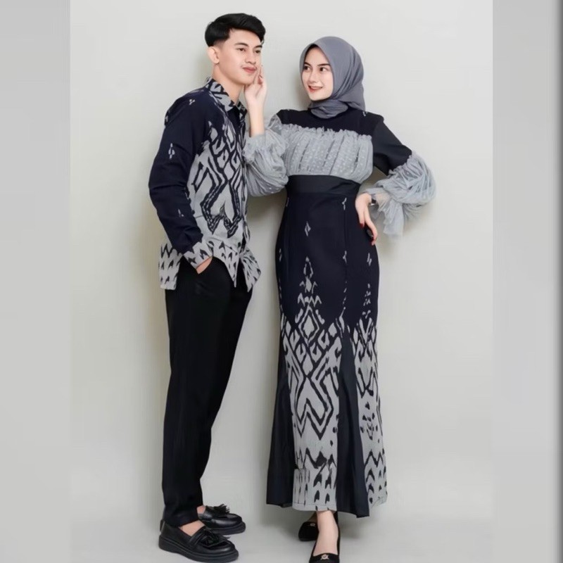 BAJU COUPLE KONDANGAN TENUN RAHAYU BLACK DRESS WANITA DAN KEMEJA PRIA KONDANGAN LEBARAN TERBARU