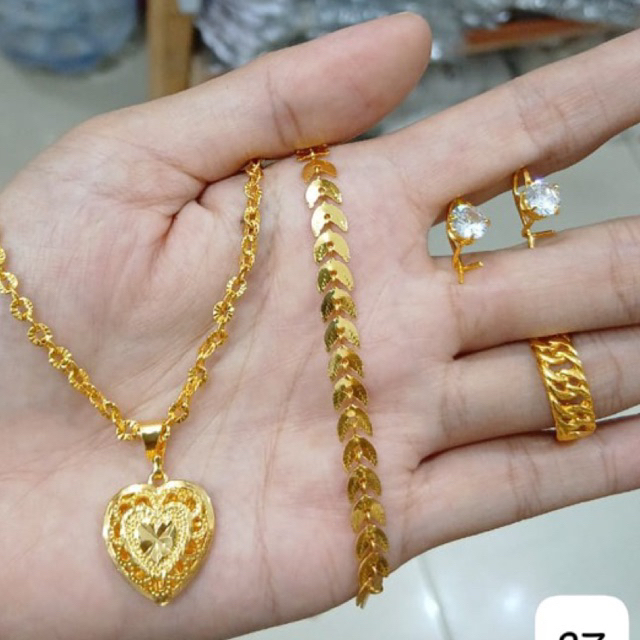 Satu Set Perhiasan Love Gelang Daun anting Dan Cincin Rante Xuping Warna Lapis emas Kuning Medan Ter