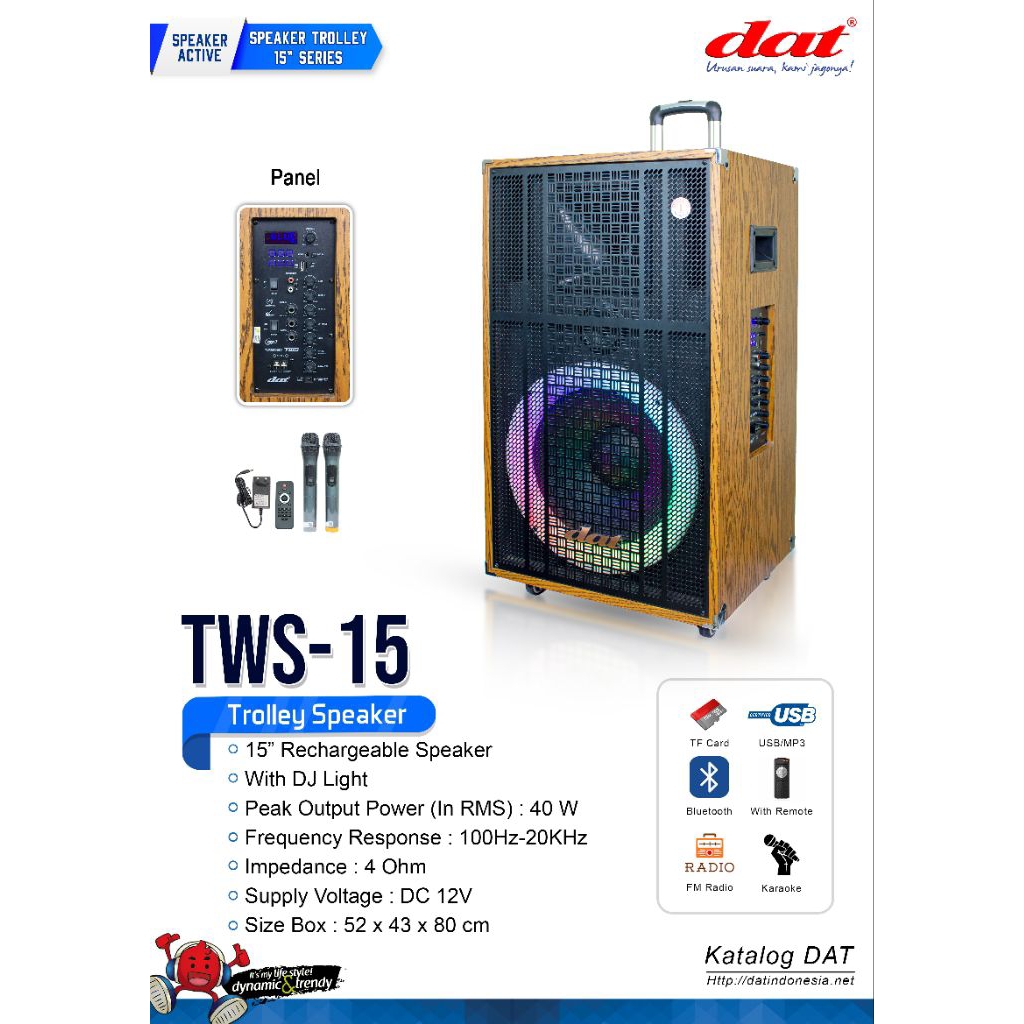 DAT Speaker TWS-15 - Bluetooth Trolley Speaker 15" – DJ Light, USB, TF Card, FM Radio, 2 Mic Wireles