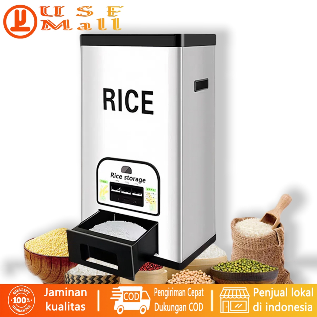 USF 10/15/20/25Kg Rice Box Biji-bijian Utuh DISPENSER BERAS Stainless Steel Anti serangga dan lembab
