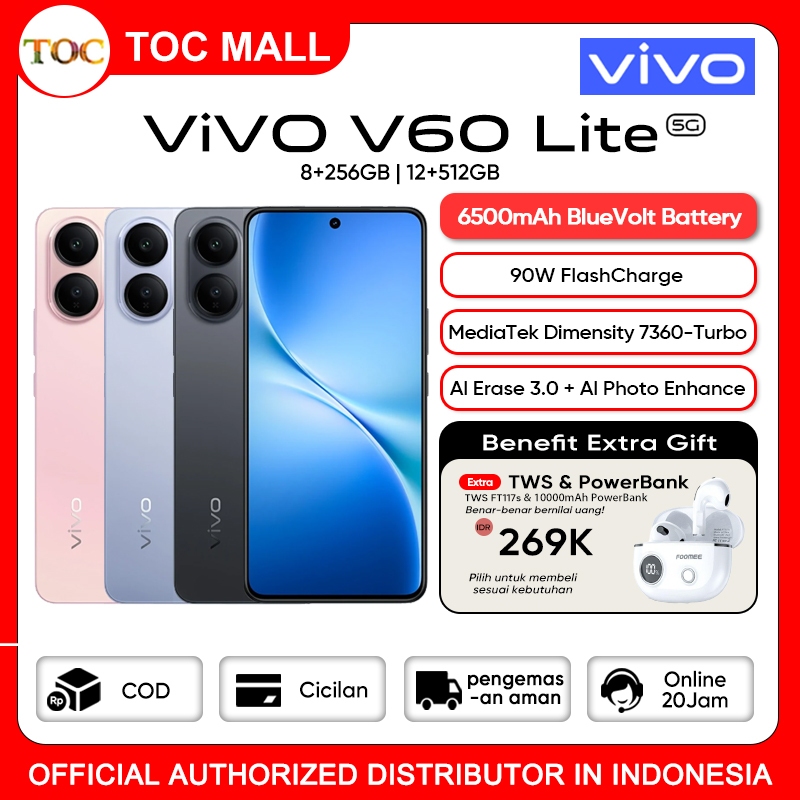 HP Vivo V60 Lite 5G 8/256GB 12/512GB NFC 6500mAh BlueVolt Battery + 90W FlashCharge Garansi Resmi