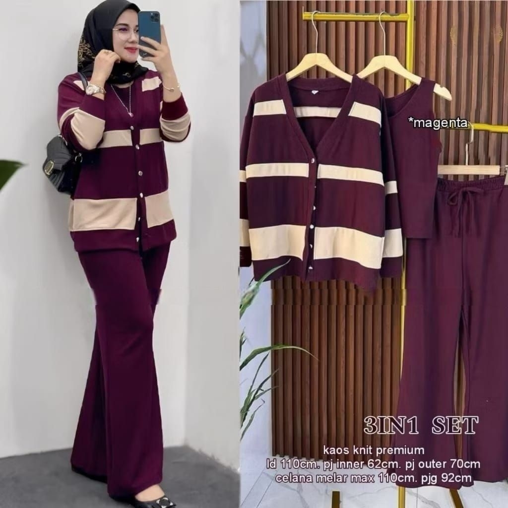 Stelan knit Premium 3in1 Outer Garis Garis // Set Wanita Dewasa Jumbo
