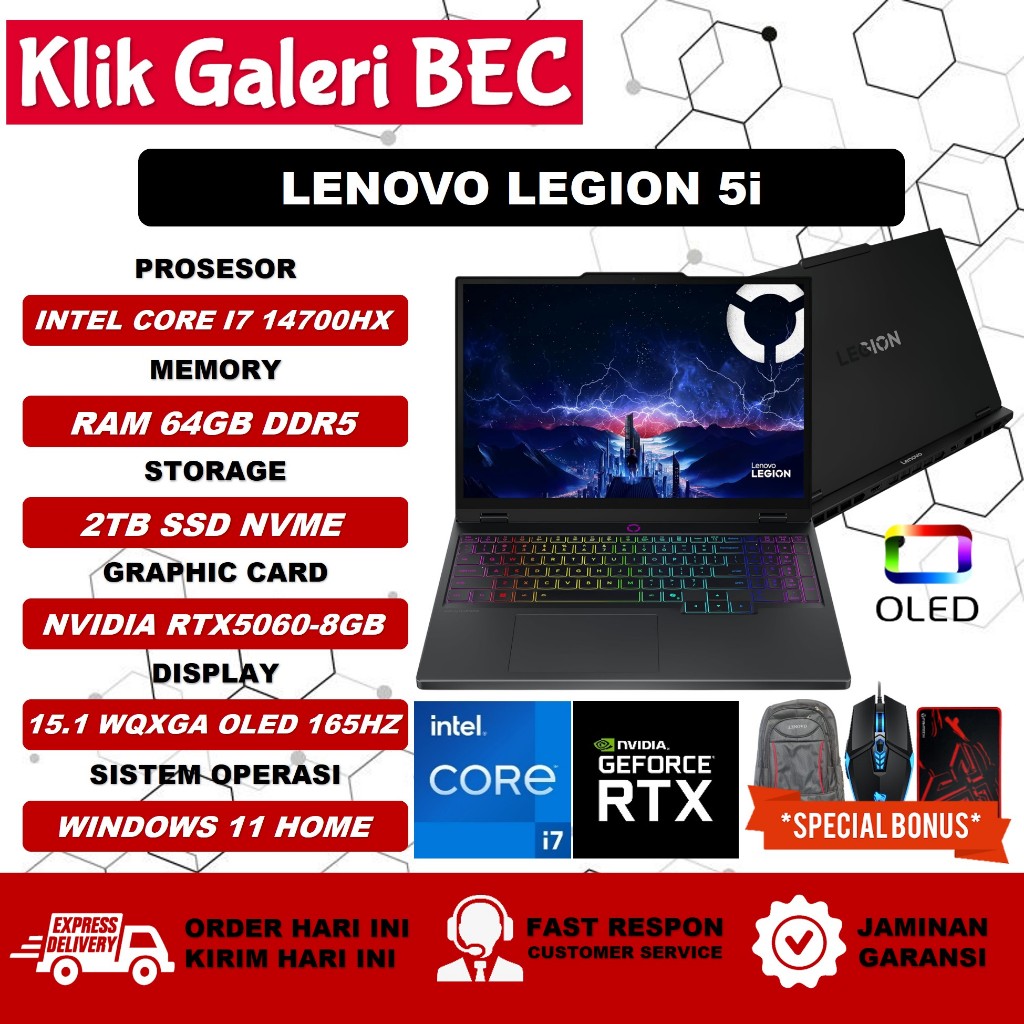 Laptop Gamers Lenovo Legion 5i 15 Intel I7 14700HX 64GB DDR5 2TB RTX 5060 8GB 15.1 WQXGA OLED 165HZ 