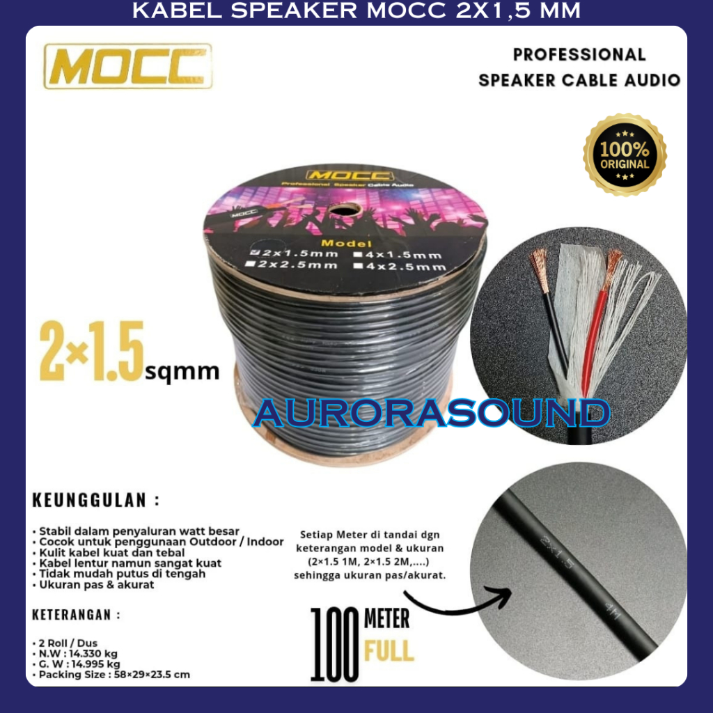 KABEL SPEAKER MOCC PROFESSIONAL AUDIO 2X1,5 MM HARGA 1 ROLL 100 METER