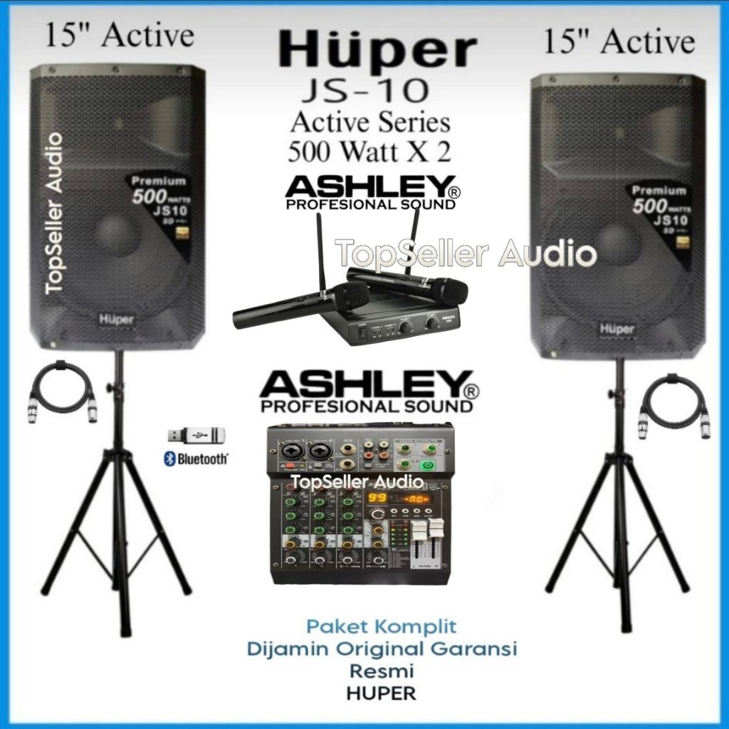 Paket sound System Karaoke Speaker 15 Inch HUPER JS15 Original Mixer Ashley 4 Channel Bluetooth Mic 
