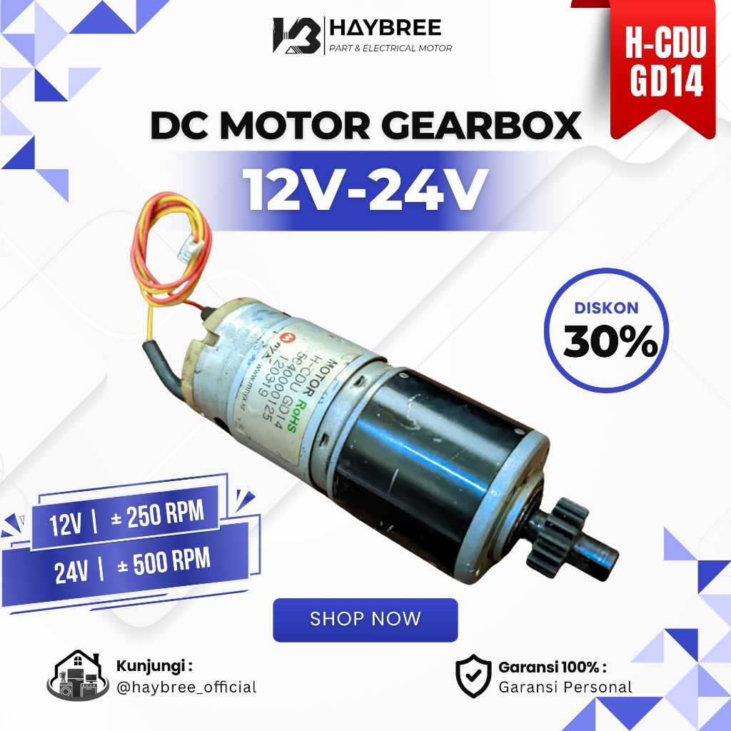 Dinamo DC Motor Gearbox 12V-24V Model H-CDU GD14 250Rpm - 500Rpm DC Geared Motor