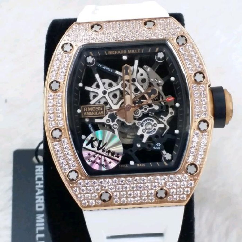 Jam tangan Automatic Swiss RM 035 Americas Skeleton Frosted Diamond Stainless steel - white rubber, 