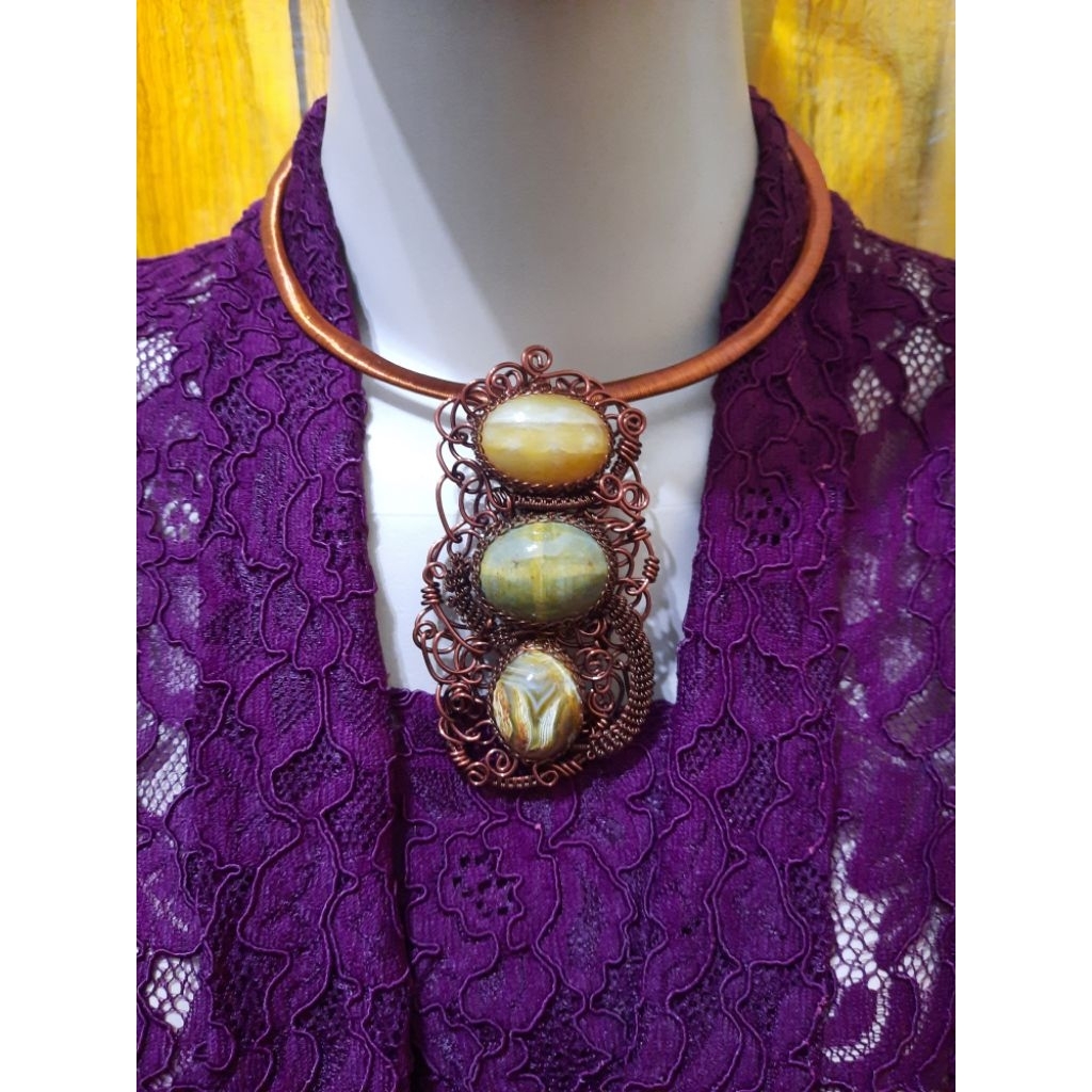 Kalung choker handmade wire tembaga 3 batu natural etnik