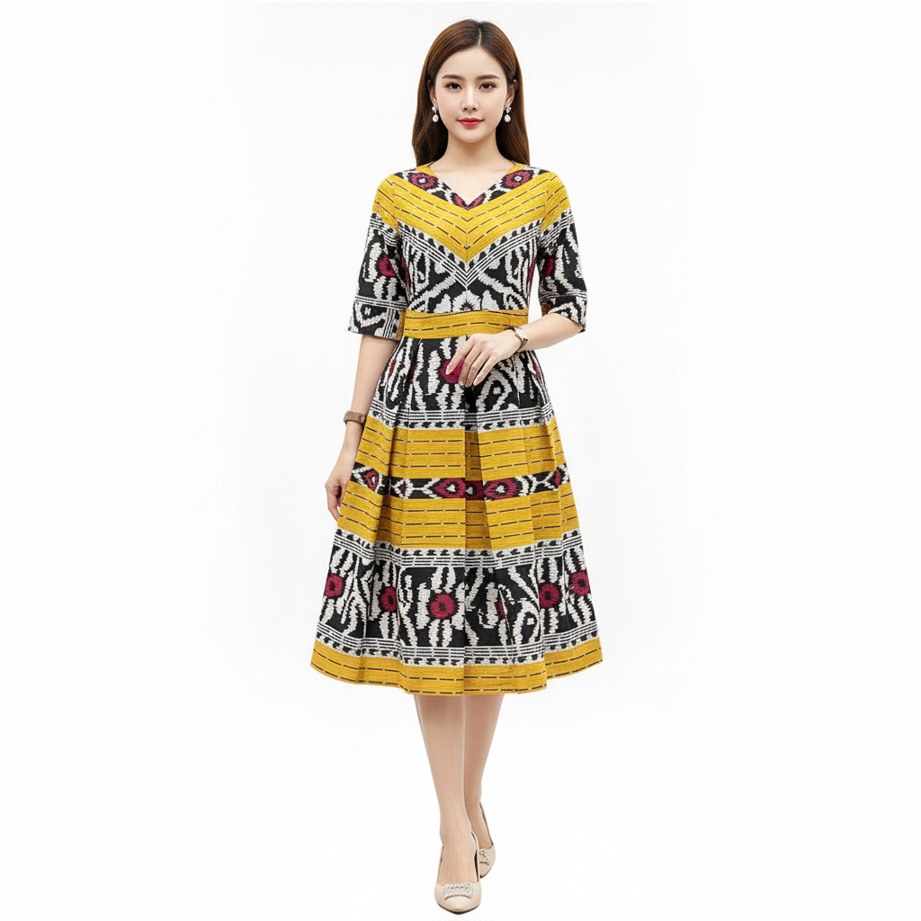 DRESS TENUN WANITA MODERN ETNIK NUSANTARA BAJU KONDANGAN BATIK TENUN IKAT PREMIUM TERBARU LENGAN PEN