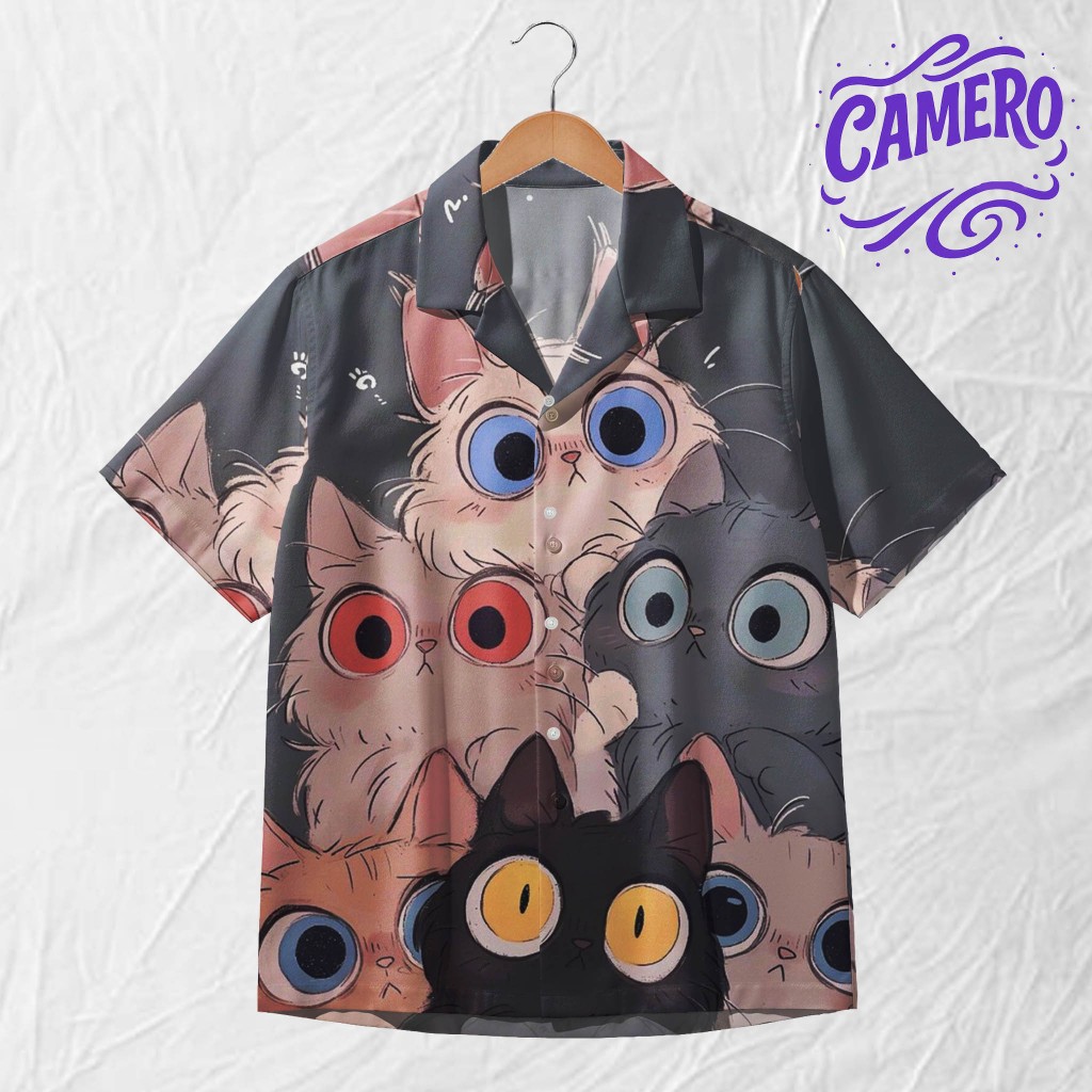 CAMERO Kemeja Pria Motif Kucing Lucu – Kemeja Lengan Pendek – Desain Kartun Unik | CM116