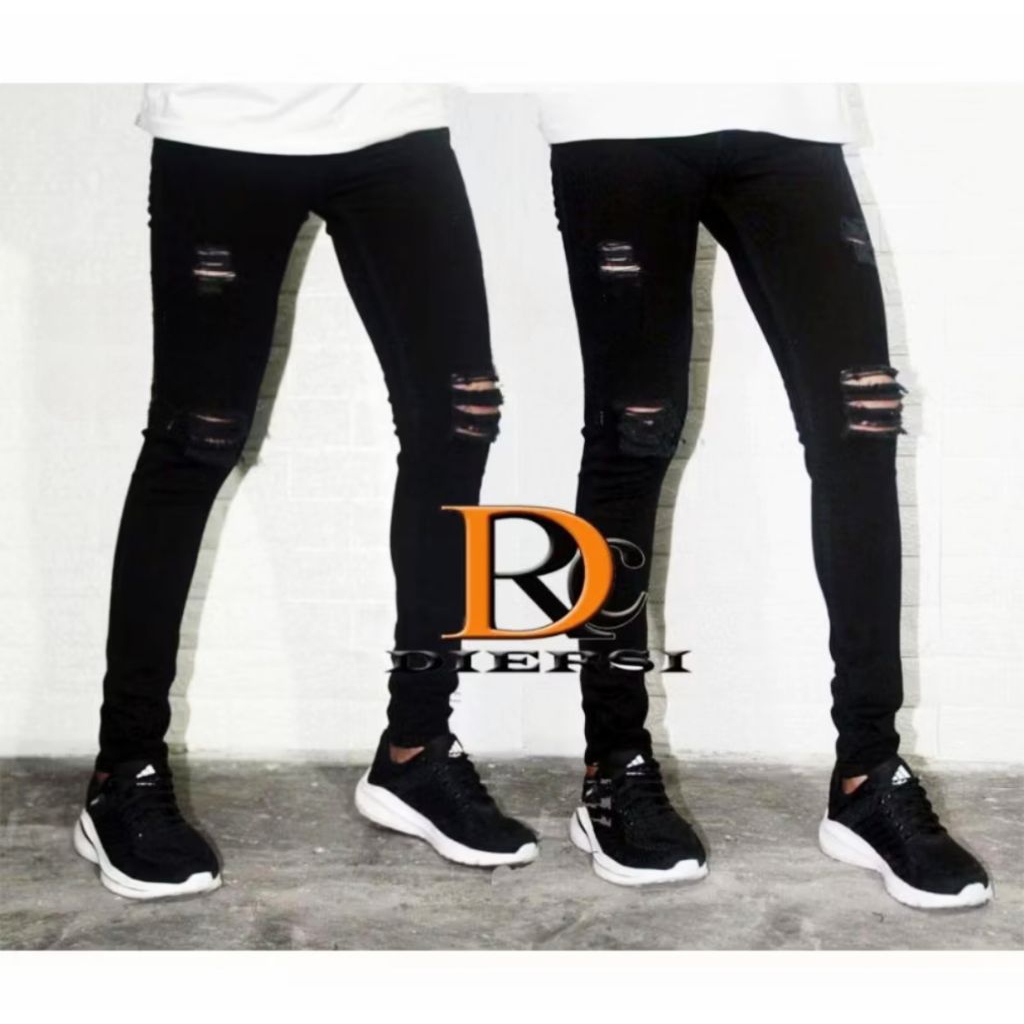 Celana jeans panjang pria Sobek Lutut bahan premium Hitam pekat