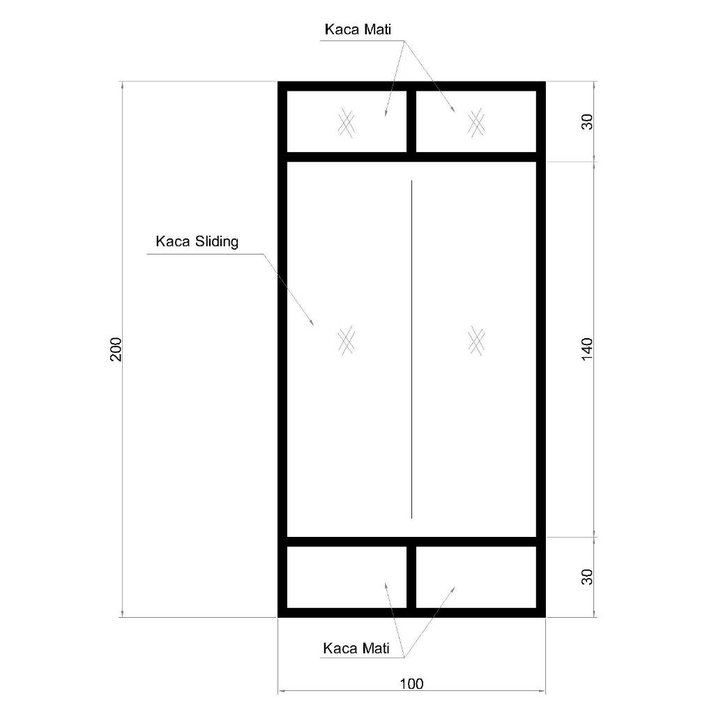 Custom Jendela Aluminium Sliding Kombinasi Atas Bawah Kaca Mati Ukuran Tinggi 200 x Panjang 100 Cm