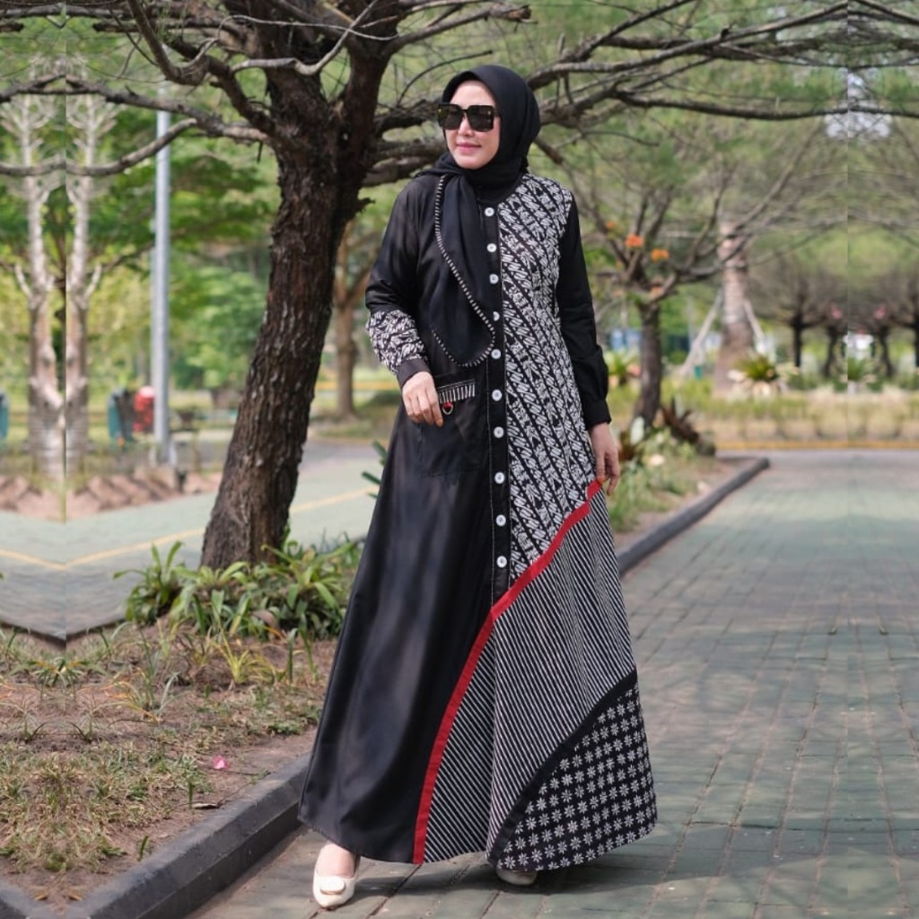 Isyana Dress Fashion Muslim Gamis Batik Modern Terbaru Kombinasi Kain katun Polos  Gamis Batik Hitam