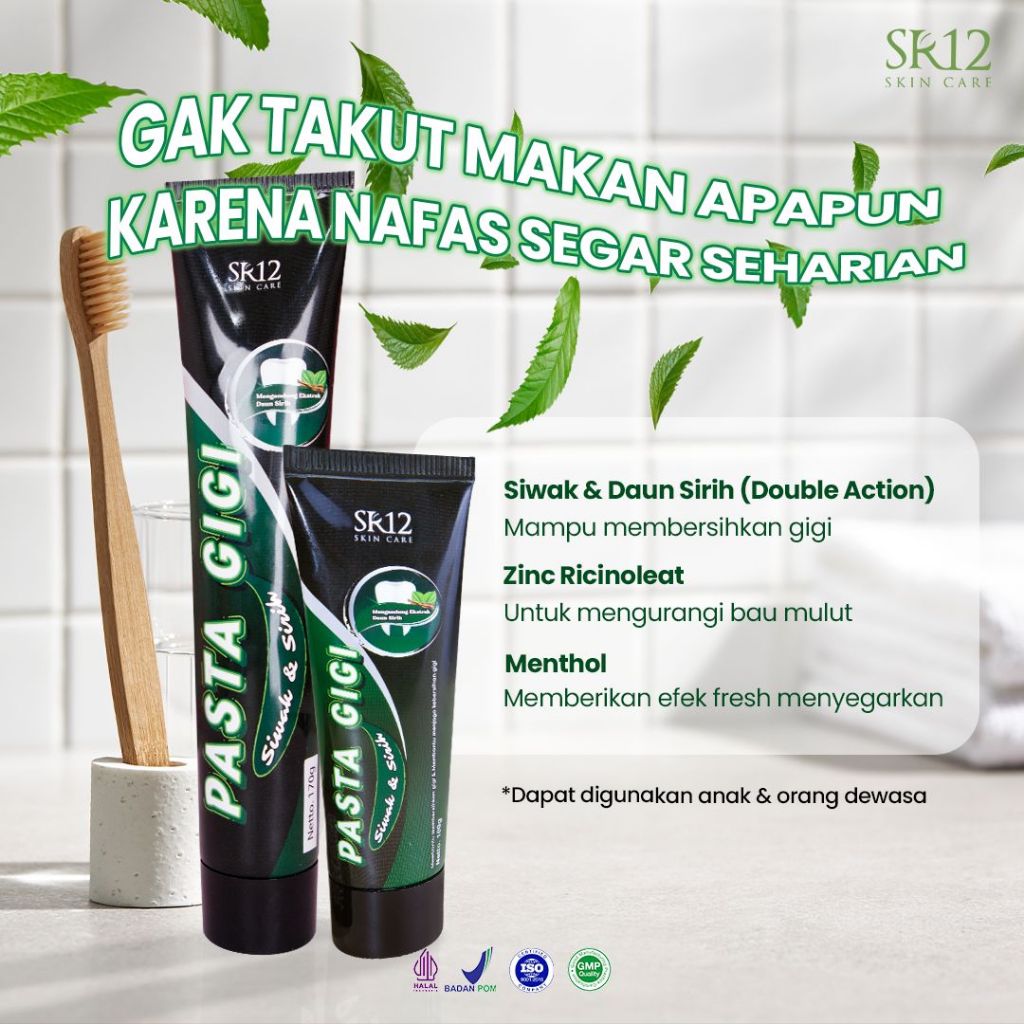 SR12 Pasta Gigi Siwak Sirih Charcoal Pemutih & Antibakteri Perontok Karang Gigi Berlubang Halal BPOM