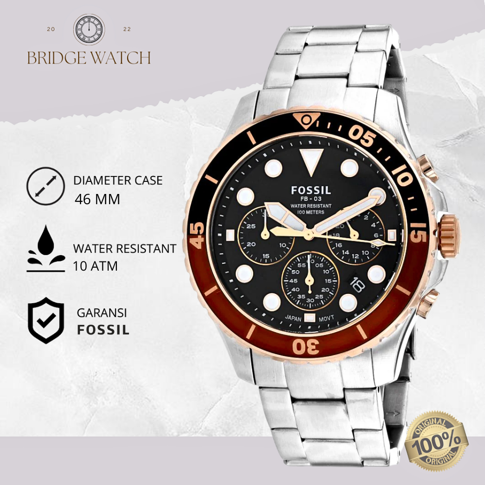 Jam Tangan Fossil Pria FS5768 FB-03 Black Dial Chronograph Silver Stainless Steel Strap Rantai Mewah
